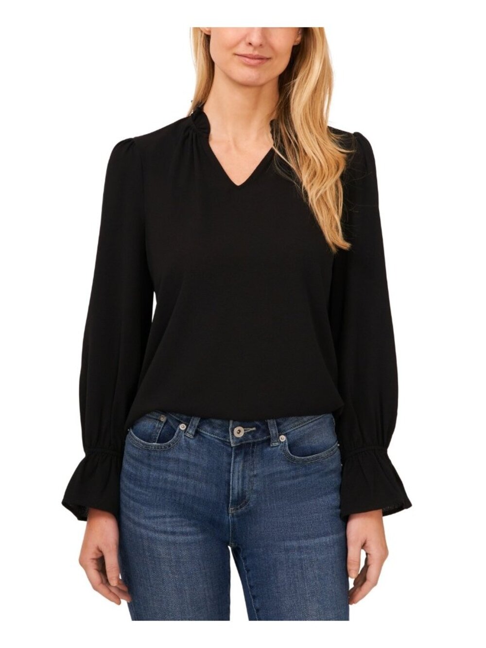 CeCe NWT Women's V-Neck Long Sleeve Ruffle Trim Blouse Black Size XS SALE $69